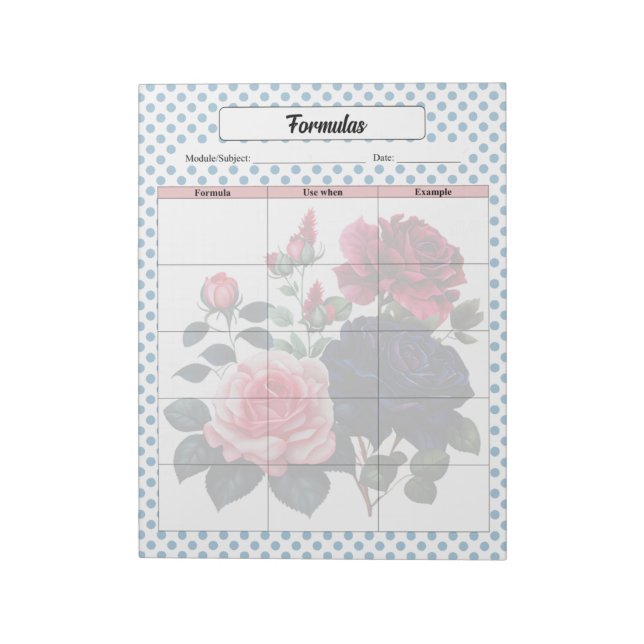 Pink and Blue Roses Formulas and Equations Planner Notepad (Rotated)