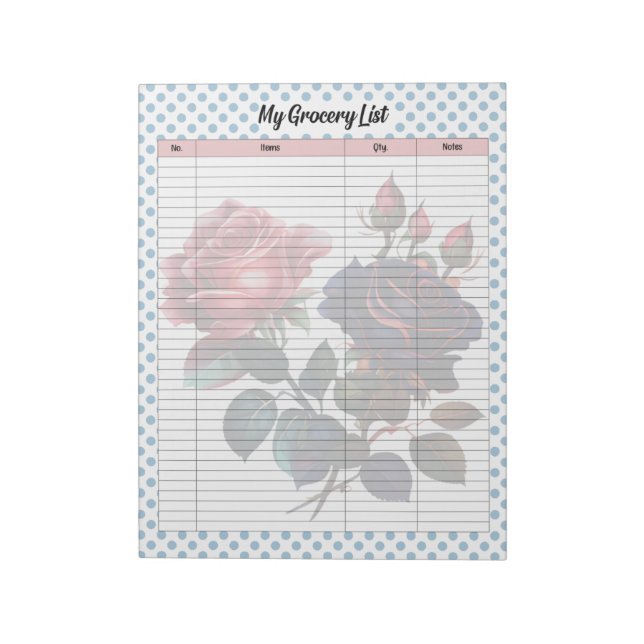Pink and Blue Roses Grocery List  Notepad (Rotated)