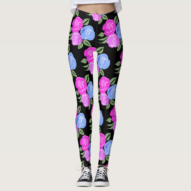 Pink and Blue Roses Leggings (Front)