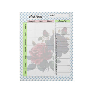 Pink and Blue Roses Meal Planner Notepad