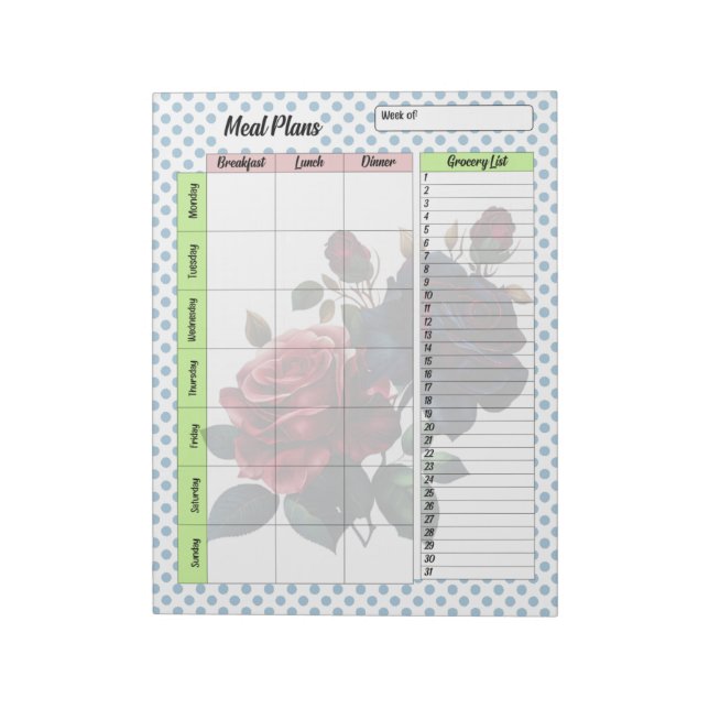 Pink and Blue Roses Meal Planner Notepad (Rotated)