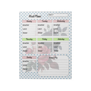 Pink and Blue Roses Meal Planner Notepad
