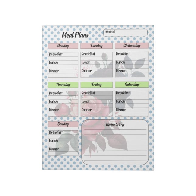 Pink and Blue Roses Meal Planner Notepad (Rotated)