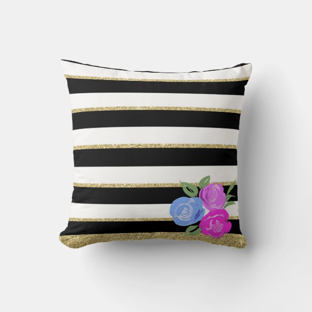 Pink and Blue Roses on Black, White, Gold Cushion (Front)