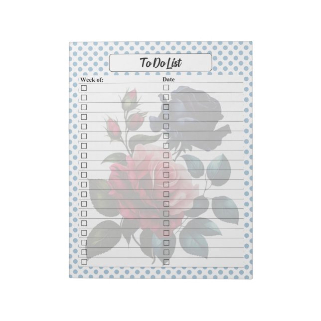 Pink and Blue Roses To Do List Notepad (Rotated)