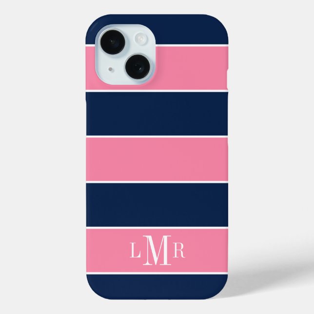 Pink and Blue Rugby Stripes 3 Letter Monogram Case-Mate iPhone Case (Back)