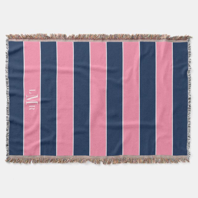 Pink and Blue Rugby Stripes 3 Letter Monogram Throw Blanket (Front)