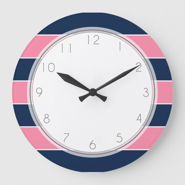 Pink and Blue Rugby Stripes Large Clock (Front)