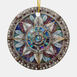 Pink and Blue Sapphires Diamonds Pearls Mandala Ceramic Ornament