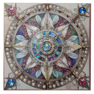 Pink and Blue Sapphires Diamonds Pearls Mandala Ceramic Tile