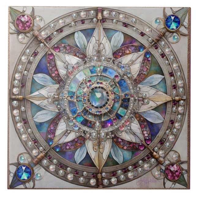Pink and Blue Sapphires Diamonds Pearls Mandala Ceramic Tile (Front)