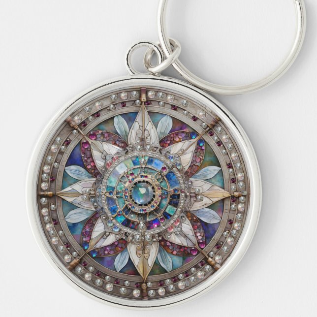 Pink and Blue Sapphires Diamonds Pearls Mandala Key Ring (Front)