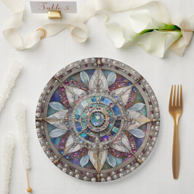 Pink and Blue Sapphires Diamonds Pearls Mandala Paper Plate (Wedding)