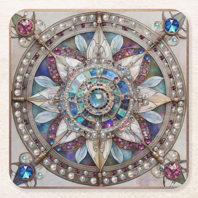 Pink and Blue Sapphires Diamonds Pearls Mandala Square Paper Coaster (Front)