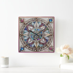 Pink and Blue Sapphires Diamonds Pearls Mandala Square Wall Clock