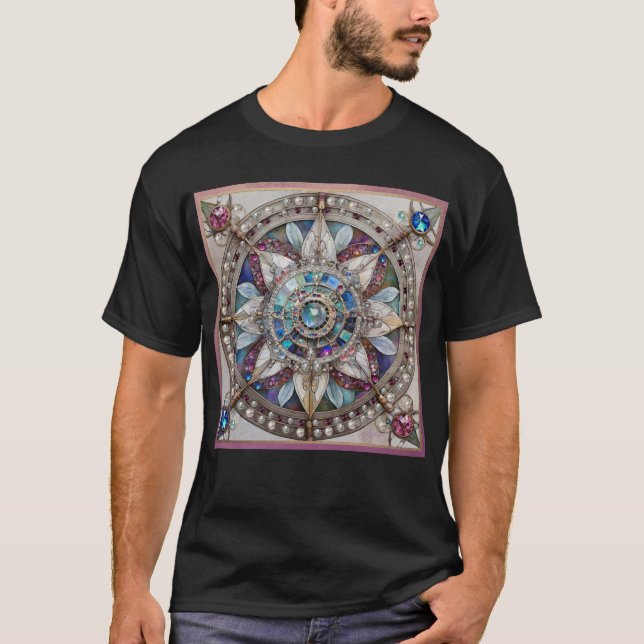 Pink and Blue Sapphires Diamonds Pearls Mandala T-Shirt (Front)