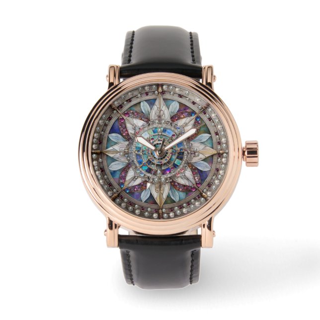 Pink and Blue Sapphires Diamonds Pearls Mandala Watch (Front)
