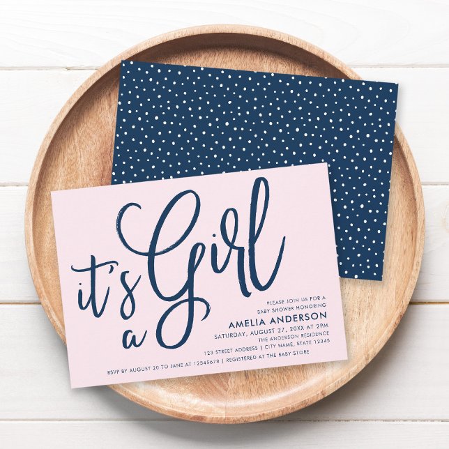 Pink and Blue Script It's a Girl Baby Shower Invitation (Creator Uploaded)
