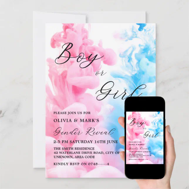 Pink and Blue Smoke Baby Gender Reveal Party Invitation | Zazzle