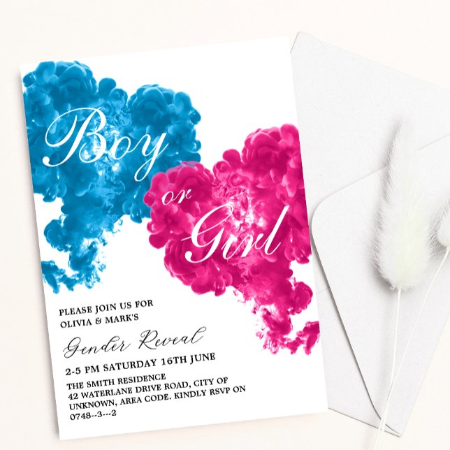 Pink and Blue Smoke Hearts Baby Gender Reveal Invitation (Creator Uploaded)