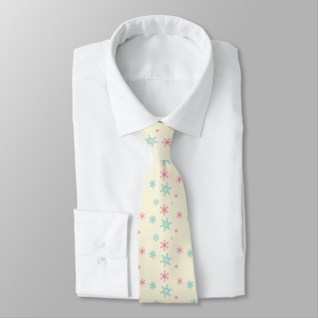 Pink And Blue Snowflake Pattern Christmas Wintery Tie (Tied)