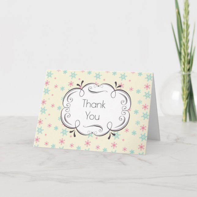 Pink And Blue Snowflakes Christmas Wintery Thanks Thank You Card (Front)