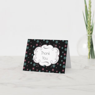 Pink And Blue Snowflakes On Black Whimsical Thanks Thank You Card