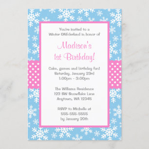Pink and Blue Snowflakes Winter Onederland Invitation