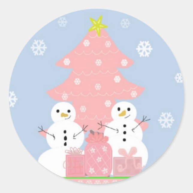 Pink and Blue Snowman Scene Classic Round Sticker (Front)