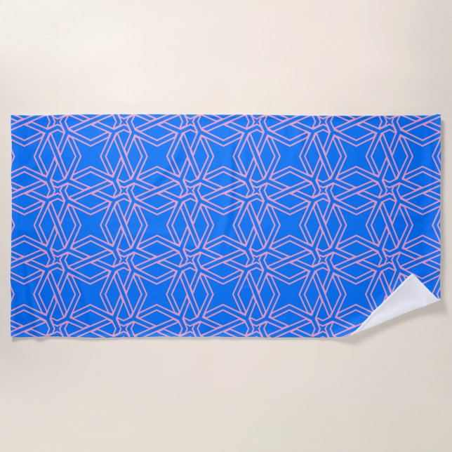 Pink and Blue Star Chain Fretwork Pattern Beach Towel (Front)
