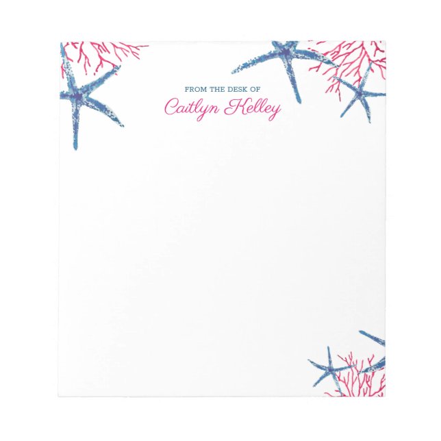 Pink and Blue Starfish & Coral Personalised Notepad (Front)