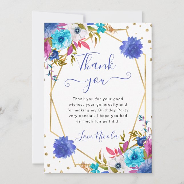 Pink and Blue Summer Flowers Frame Birthday Thank You Card (Front)