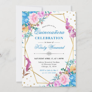 Pink and Blue Summer Flowers Frame Quinceanera Invitation
