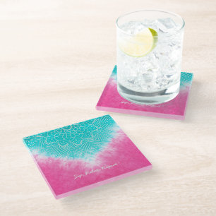 Pink and Blue Tie dye with Mandala Sway in Style Glass Coaster