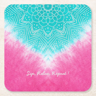 Pink and Blue Tie dye with Mandala Sway in Style Square Paper Coaster