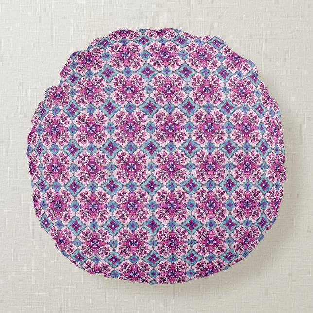 Pink and Blue Tile Design Round Cushion (Front)