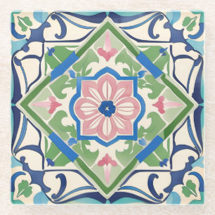 Pink and Blue Tile Glass Coaster