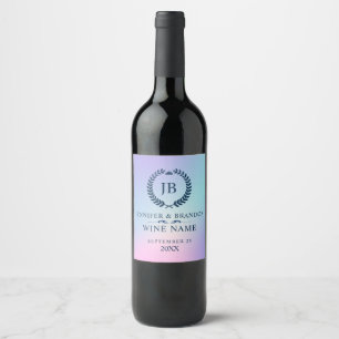 Pink and blue tranquil ombre blue laurel wreath wine label