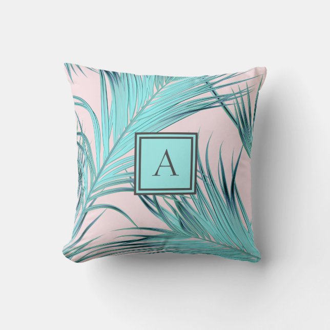 Pink and Blue Tropical Coastal Palms with Monogram Cushion (Front)