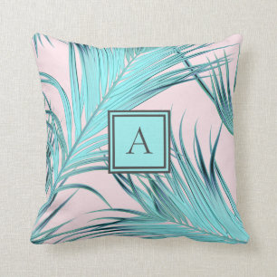 Pink and Blue Tropical Coastal Palms with Monogram Cushion