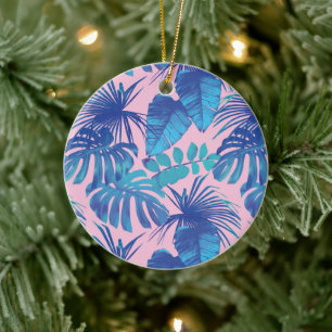 Pink and blue Tropical Foliage personalised Ceramic Ornament