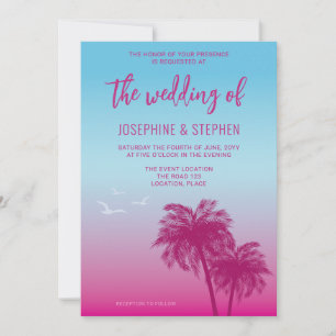 Pink And Blue Tropical Palm Trees Wedding Invitation