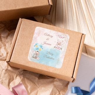 Pink and Blue Twin Teddy Bears on Swing with Cross Square Sticker