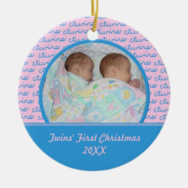 Pink and Blue Twins First Christmas Ornament (Front)