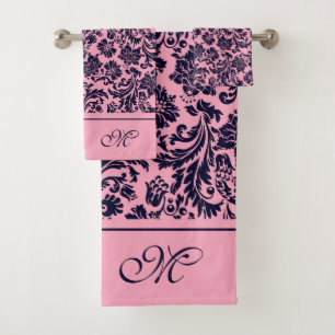 Pink and blue vintage damasks monogram bath tow towel set
