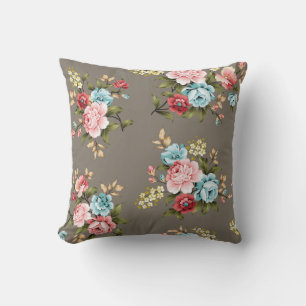 Pink and blue vintage flowers with green and cream cushion