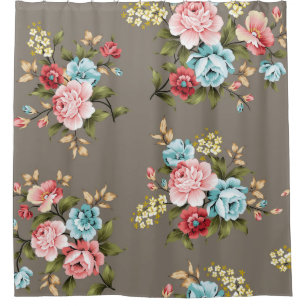 Pink and blue vintage flowers with green and cream shower curtain