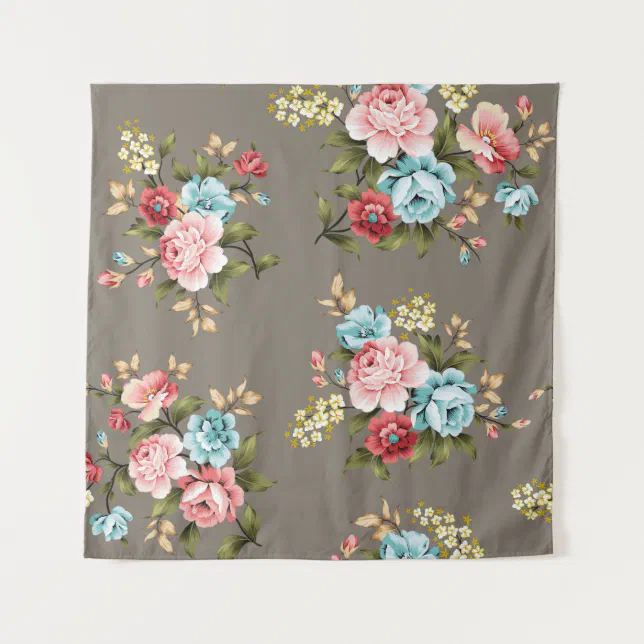 Blue Postic Note Pink and blue vintage flowers with green and cream tapestry | Zazzle