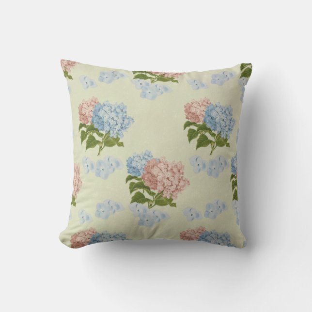Pink and blue vintage hydrangea flowers cushion (Front)