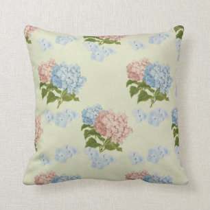 Pink and blue vintage hydrangea flowers cushion